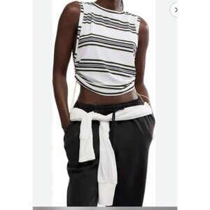 Free People Black White Yellow Striped Muscle Tank Crew Neck Sleeveless XL